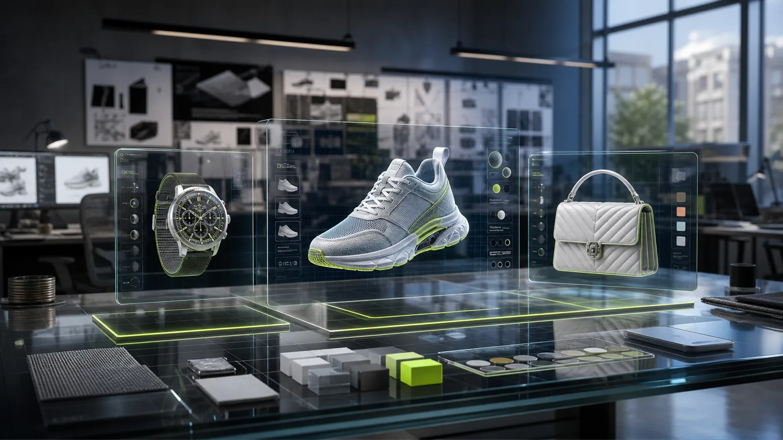 Product design studio with 3D models of sneakers, watches and luxury accessories on digital screens