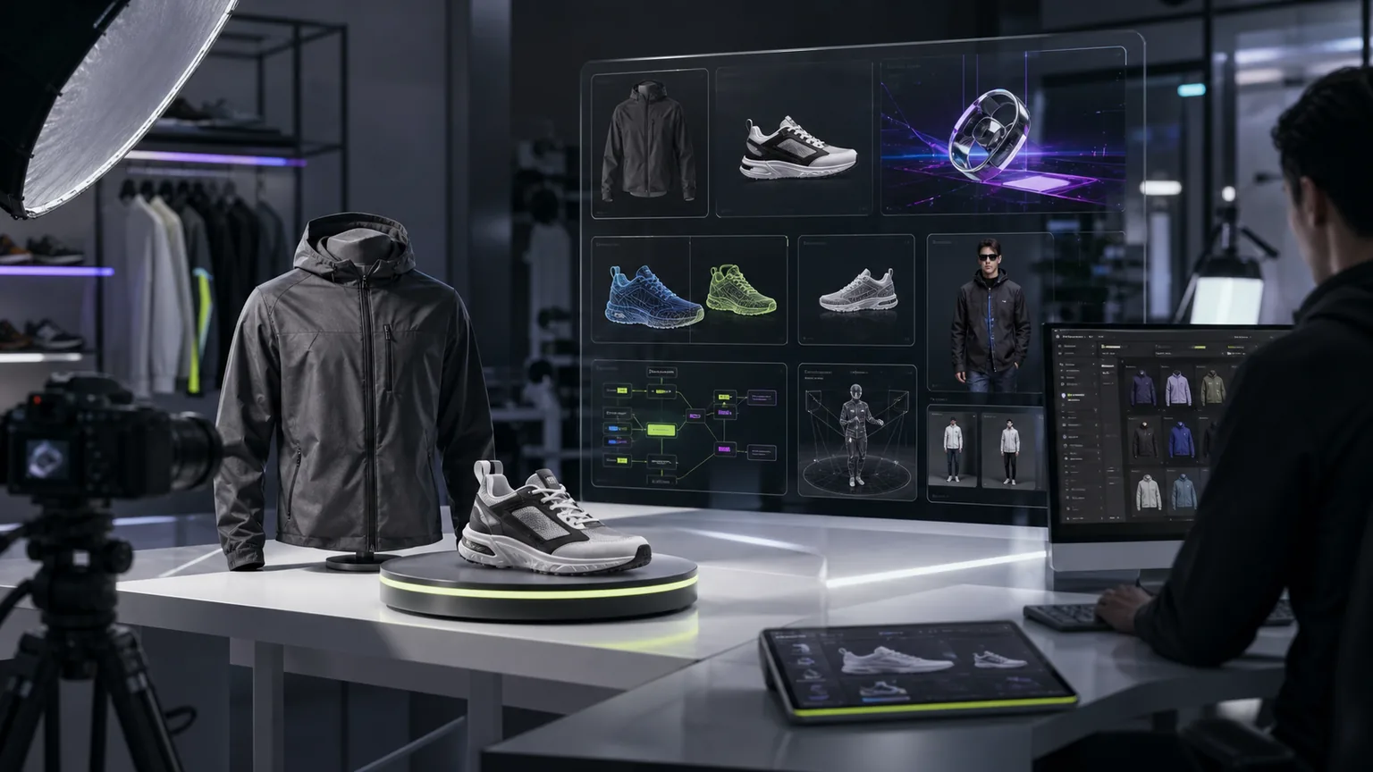 Modern ecommerce content studio with product turntable, AI scene previews and virtual try-on production screens