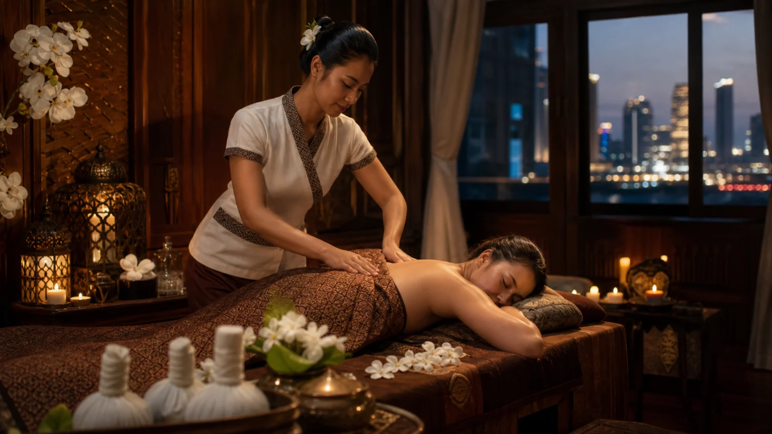Thai-inspired Bangkok spa treatment room with jasmine flowers and herbal compresses