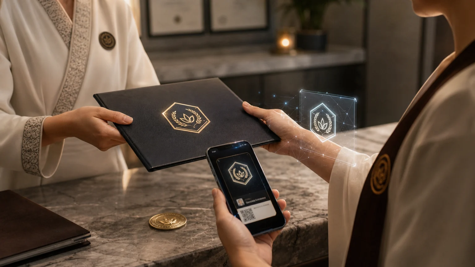 Graduate receiving a physical certificate while a digital blockchain credential appears on a phone