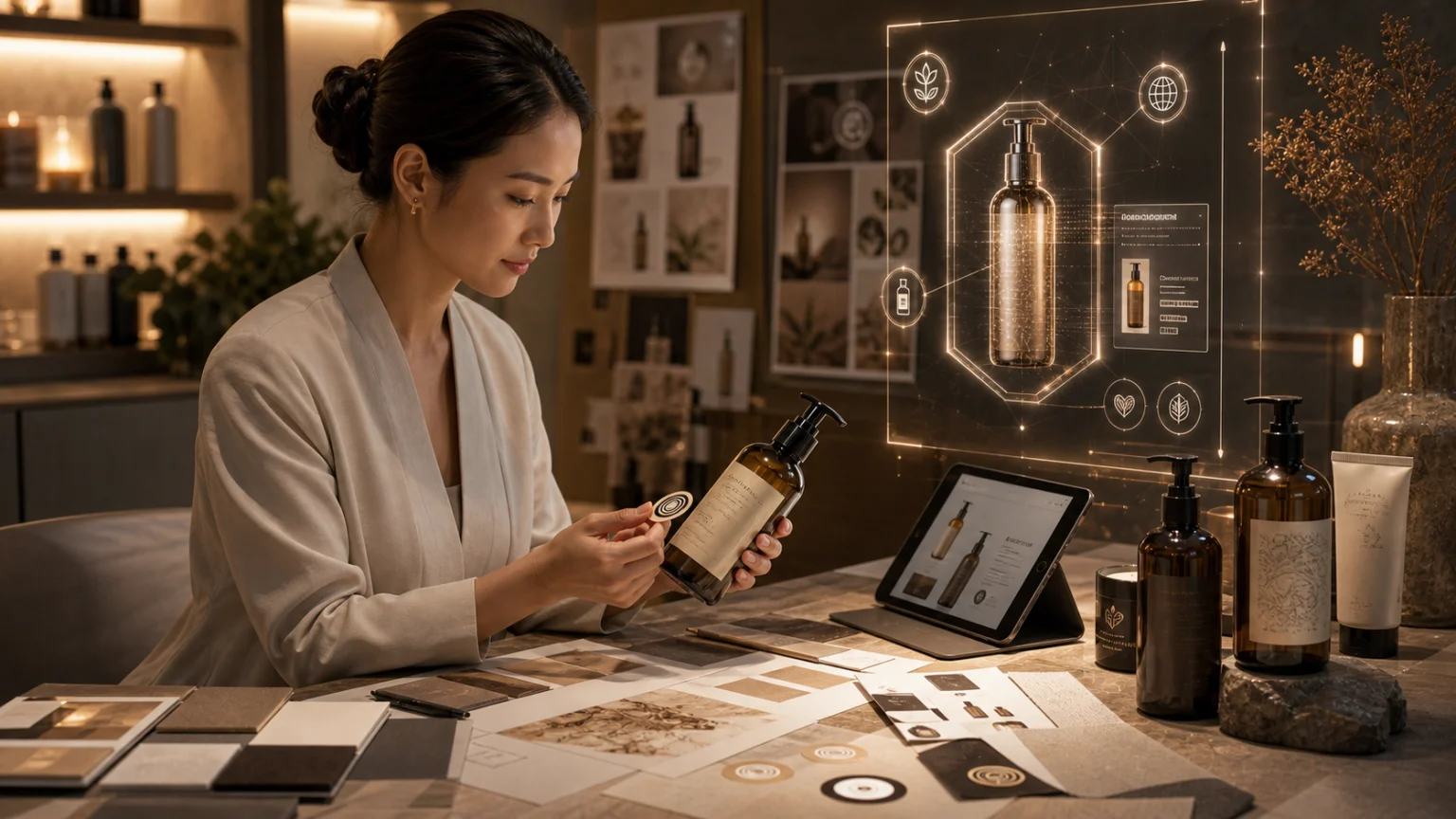 Packaging designer reviewing NFC skincare label and digital product passport interface