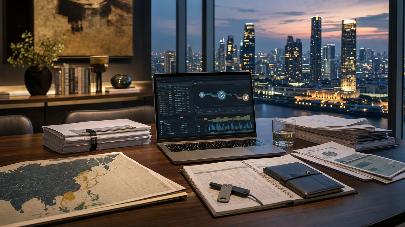 Premium Asian financial district boardroom with crypto ledger dashboard, tax files, hardware wallet and Asia jurisdiction map