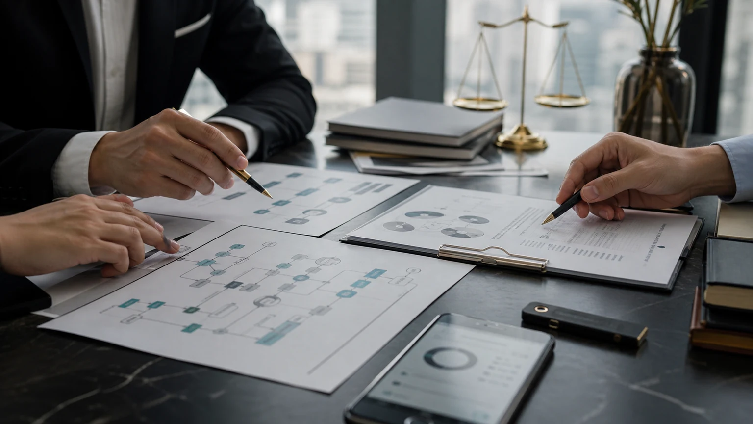 Legal and accounting professionals reviewing crypto tax audit diagrams, DeFi flows and evidence files in an Asian compliance room