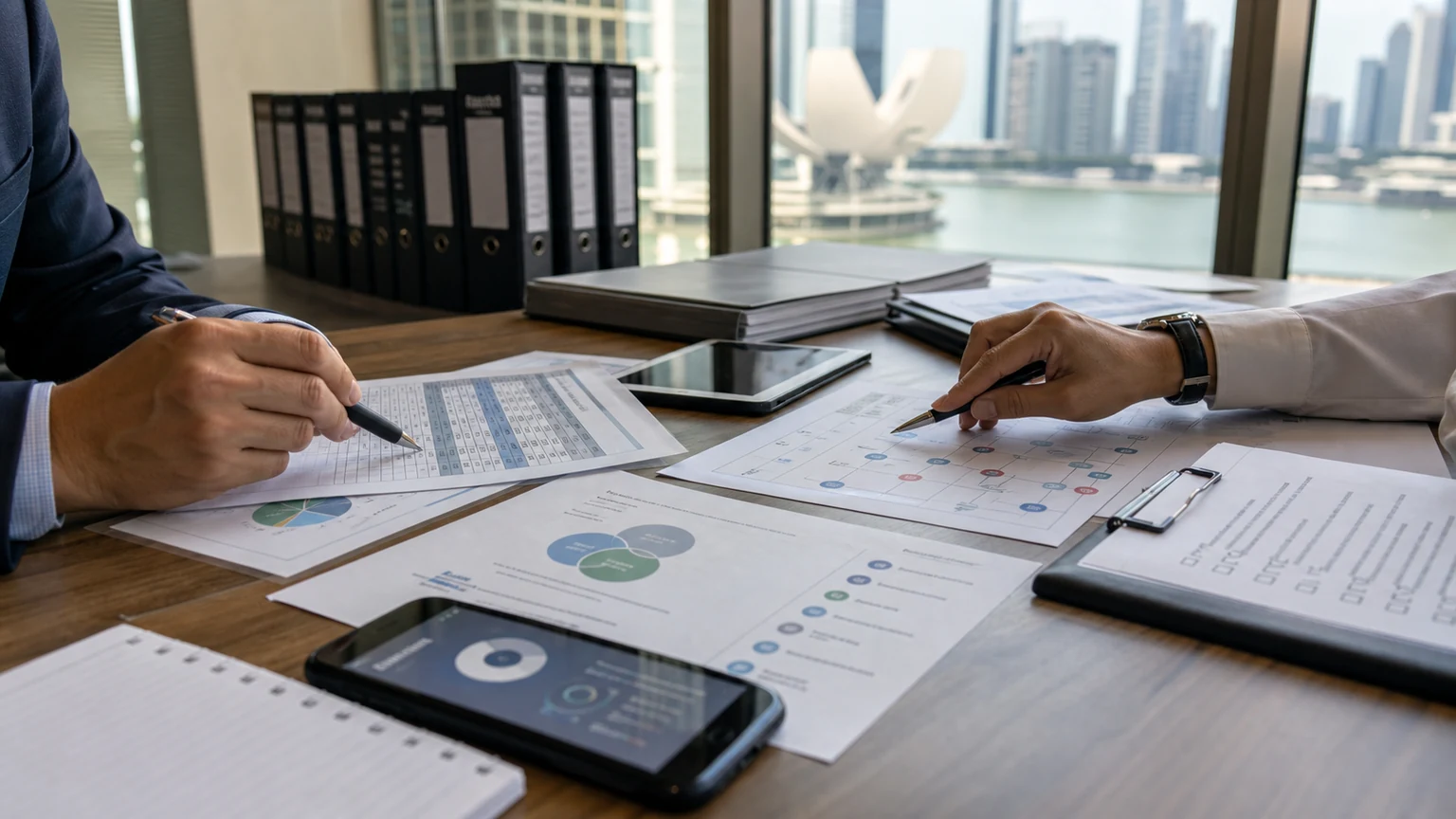Professionals reviewing anonymized crypto tax reports, NFT royalty flow diagrams and reputation evidence in an Asian compliance room