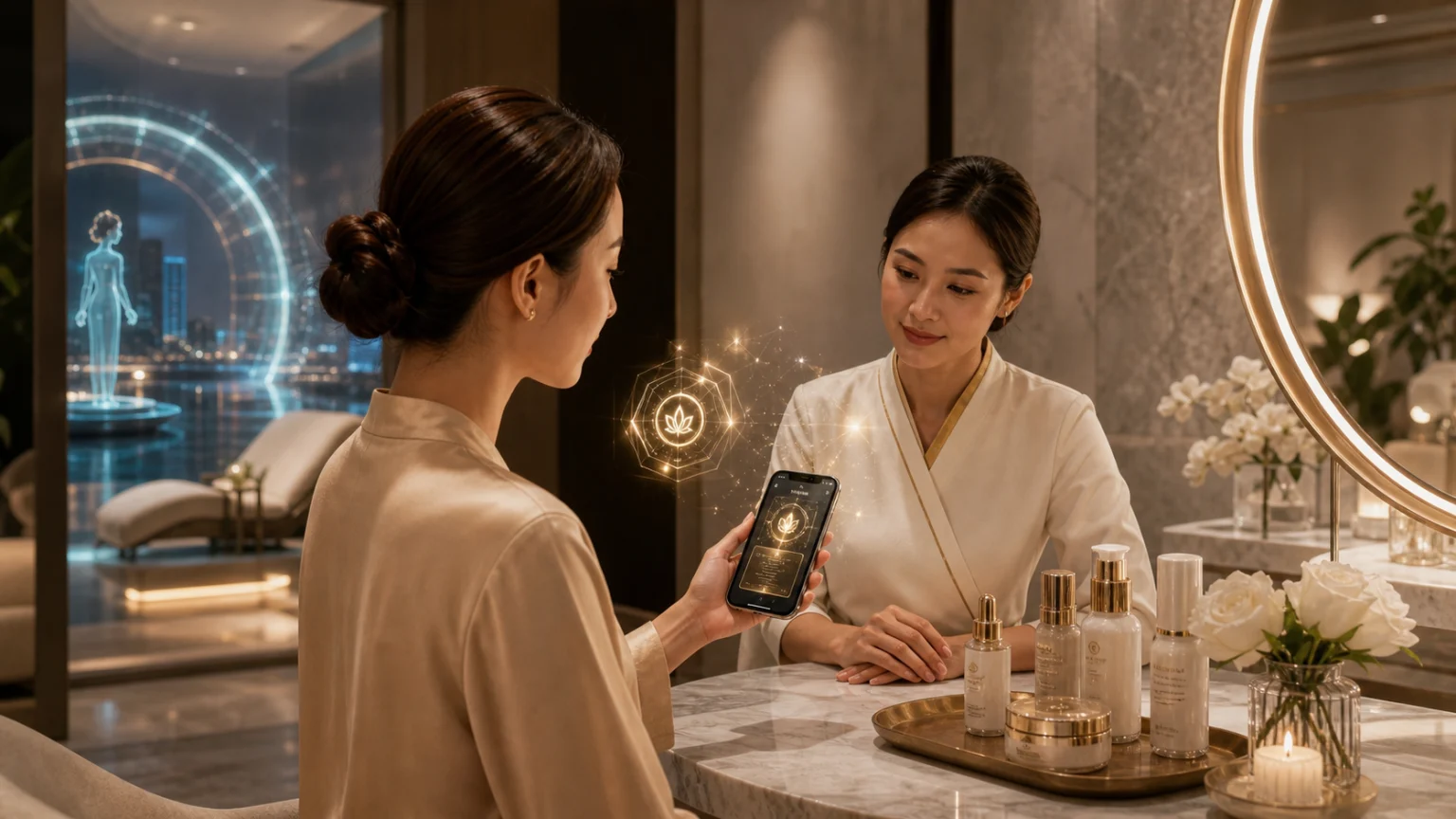 Premium beauty lounge with digital membership pass and skincare products