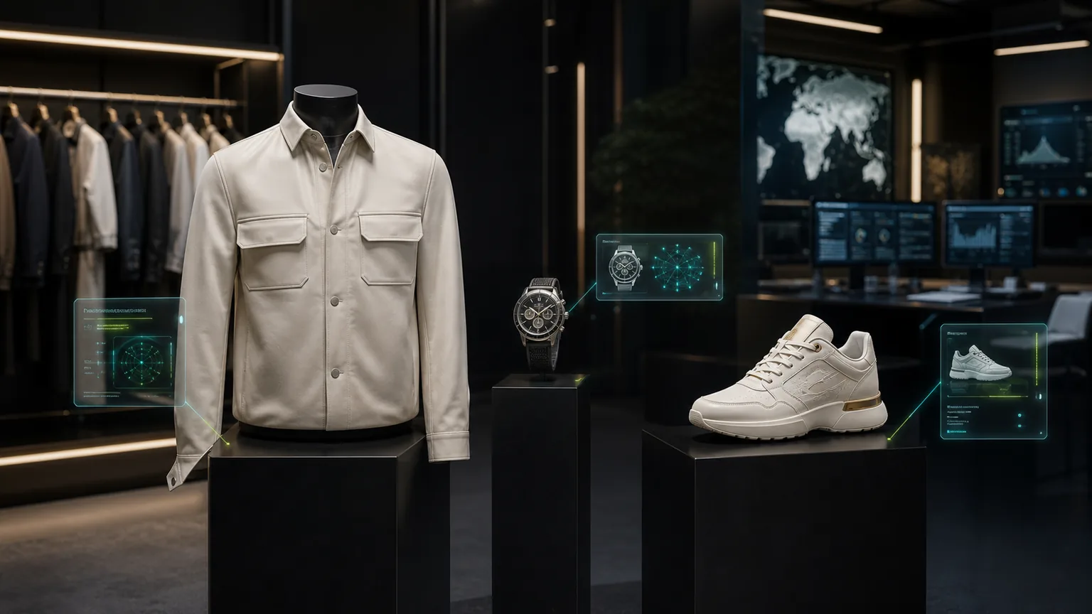 Luxury fashion products displayed with digital product passport interfaces in a premium retail studio