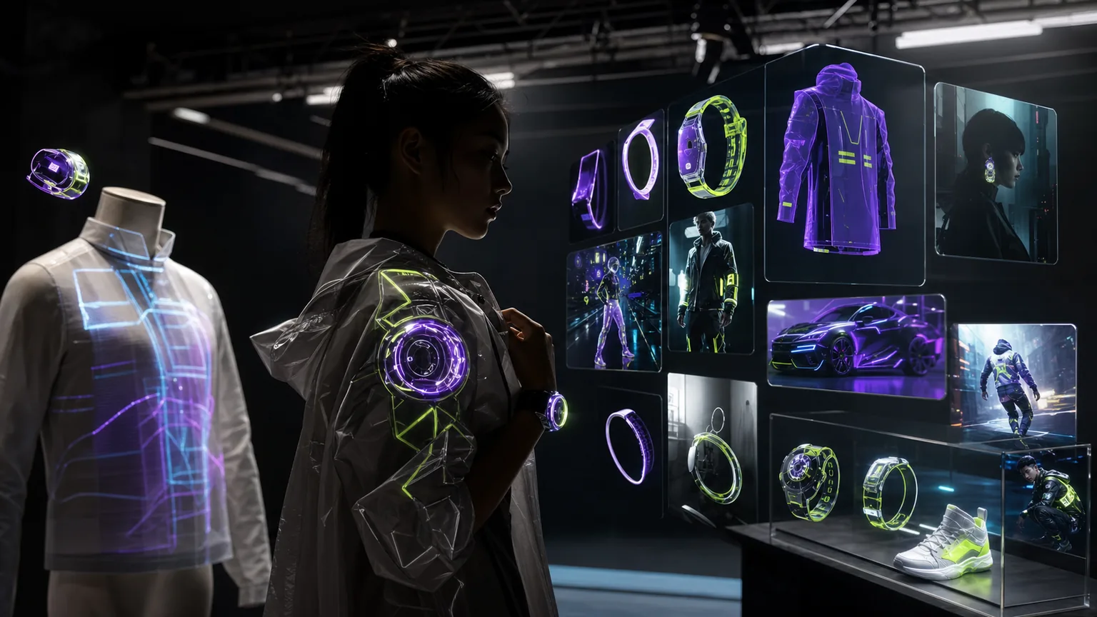 Mixed reality fashion studio with digital watches, jackets and accessories around a model silhouette