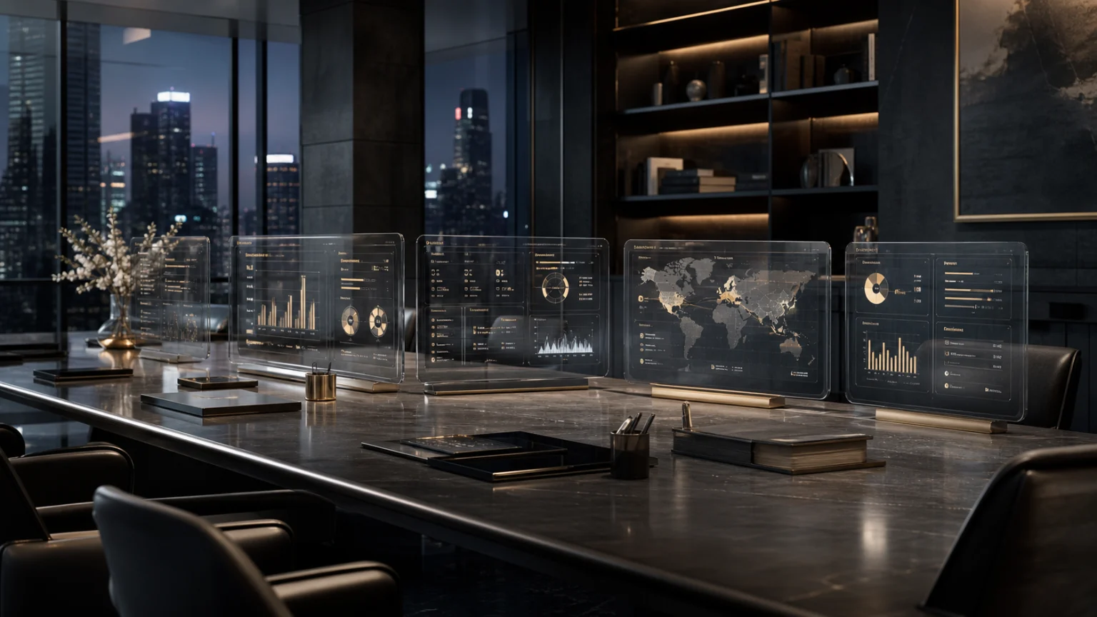International Web3 finance stack with global reporting dashboards in a premium boardroom
