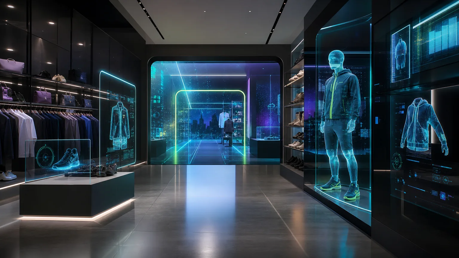 Premium retail store blending physical displays with immersive metaverse storefront portals