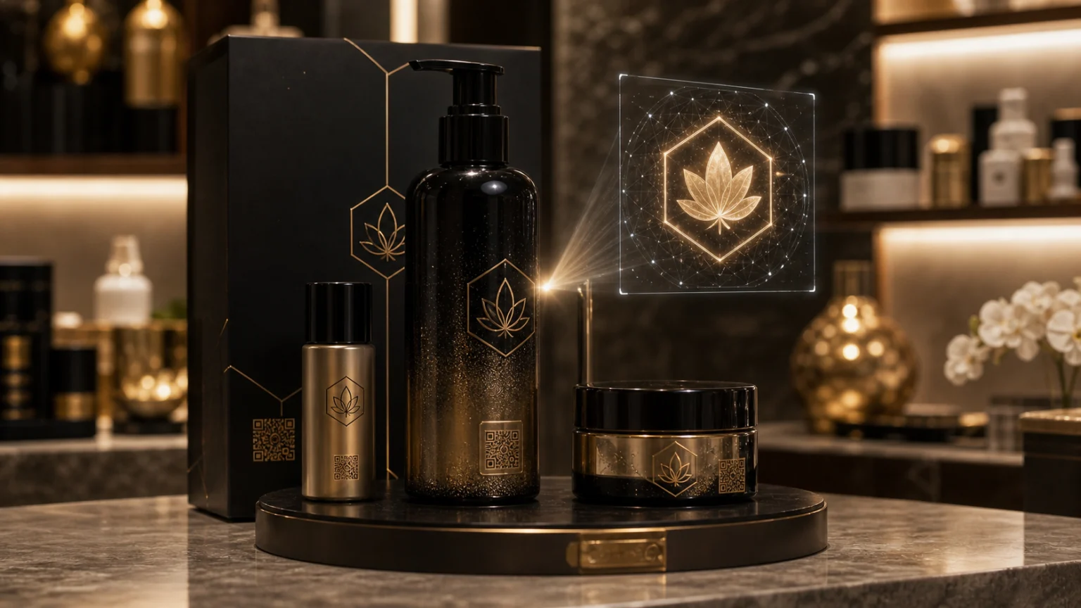Limited-edition skincare and shower gel packaging with digital collectible interface