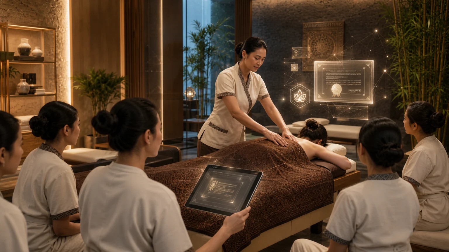 Wellness academy massage training class with a subtle digital NFT certificate interface