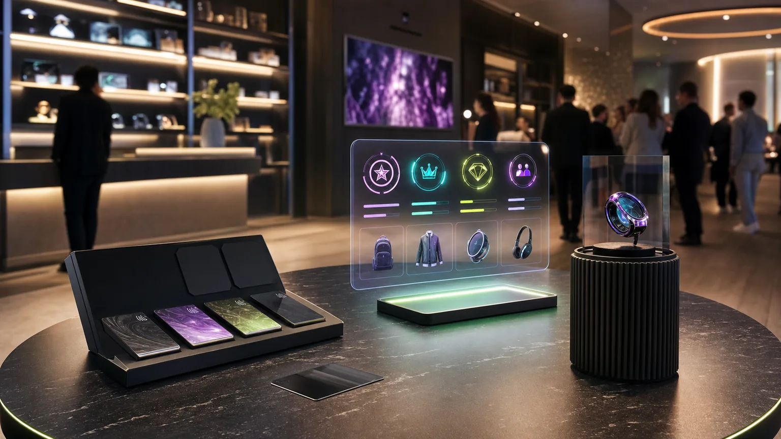 Premium retail membership lounge with digital loyalty interfaces and collectible access objects