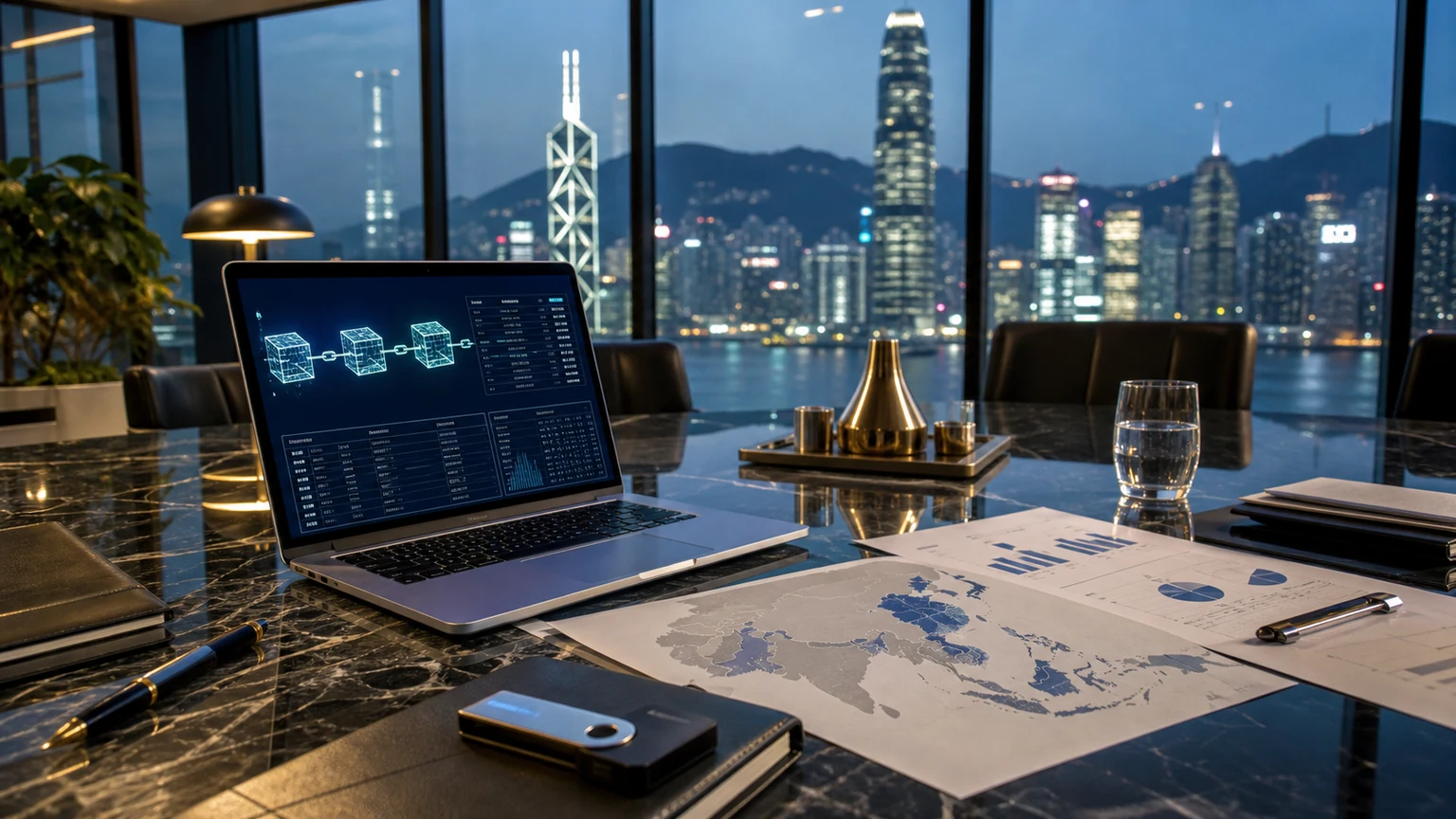 Premium Asian financial district boardroom with blockchain tax dashboard, hardware wallet and jurisdiction map for NFT compliance