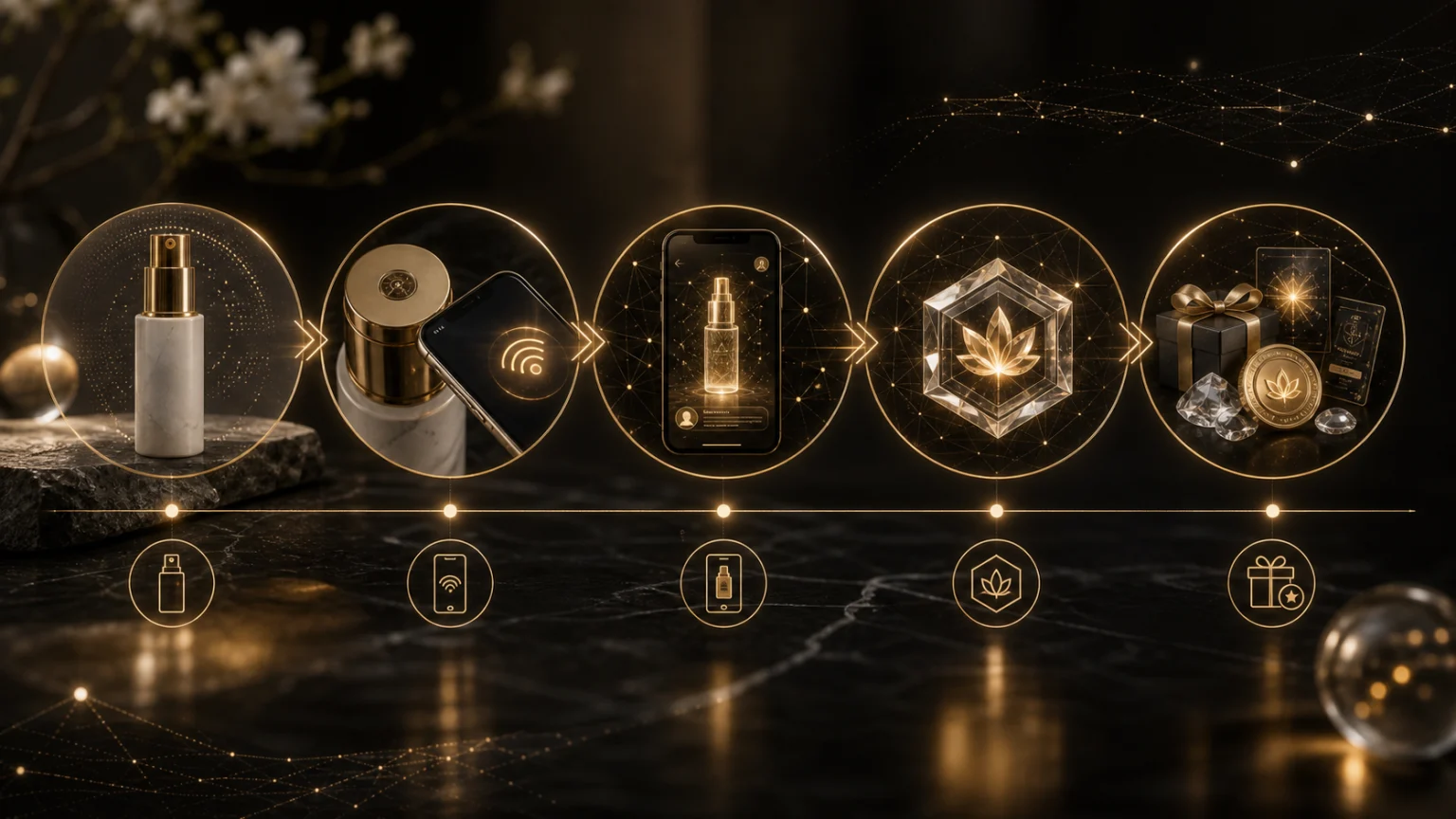 Luxury visual infographic showing the phygital beauty product journey from bottle to loyalty rewards