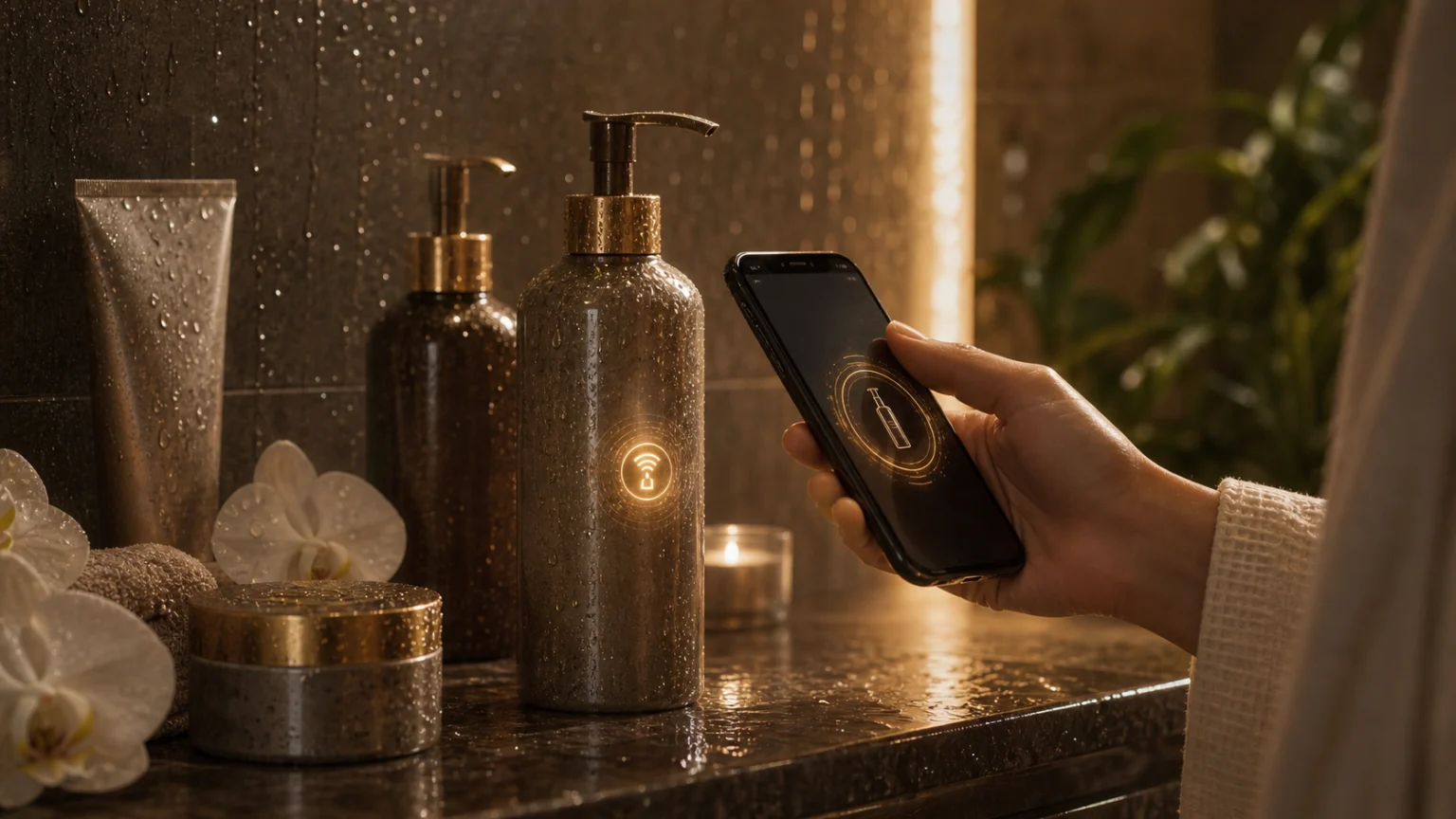 Luxury shower gel and skincare packaging being scanned with NFC connected packaging