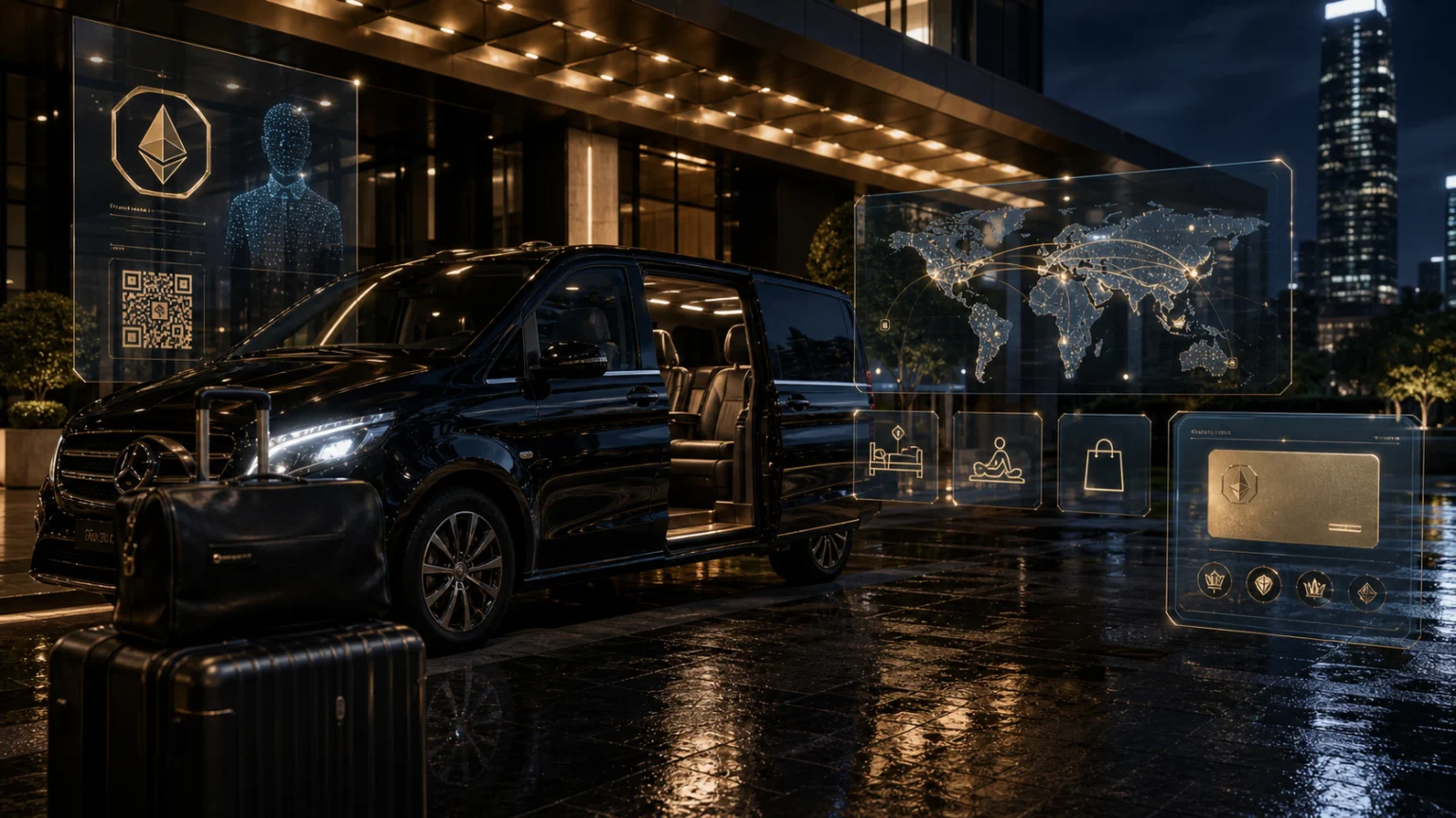 Luxury chauffeur van outside a Bangkok hotel with holographic NFT travel pass and phygital travel interface