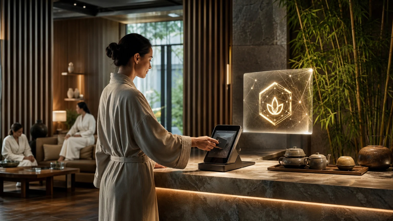Spa guest checking in with token-gated membership interface in a luxury lounge