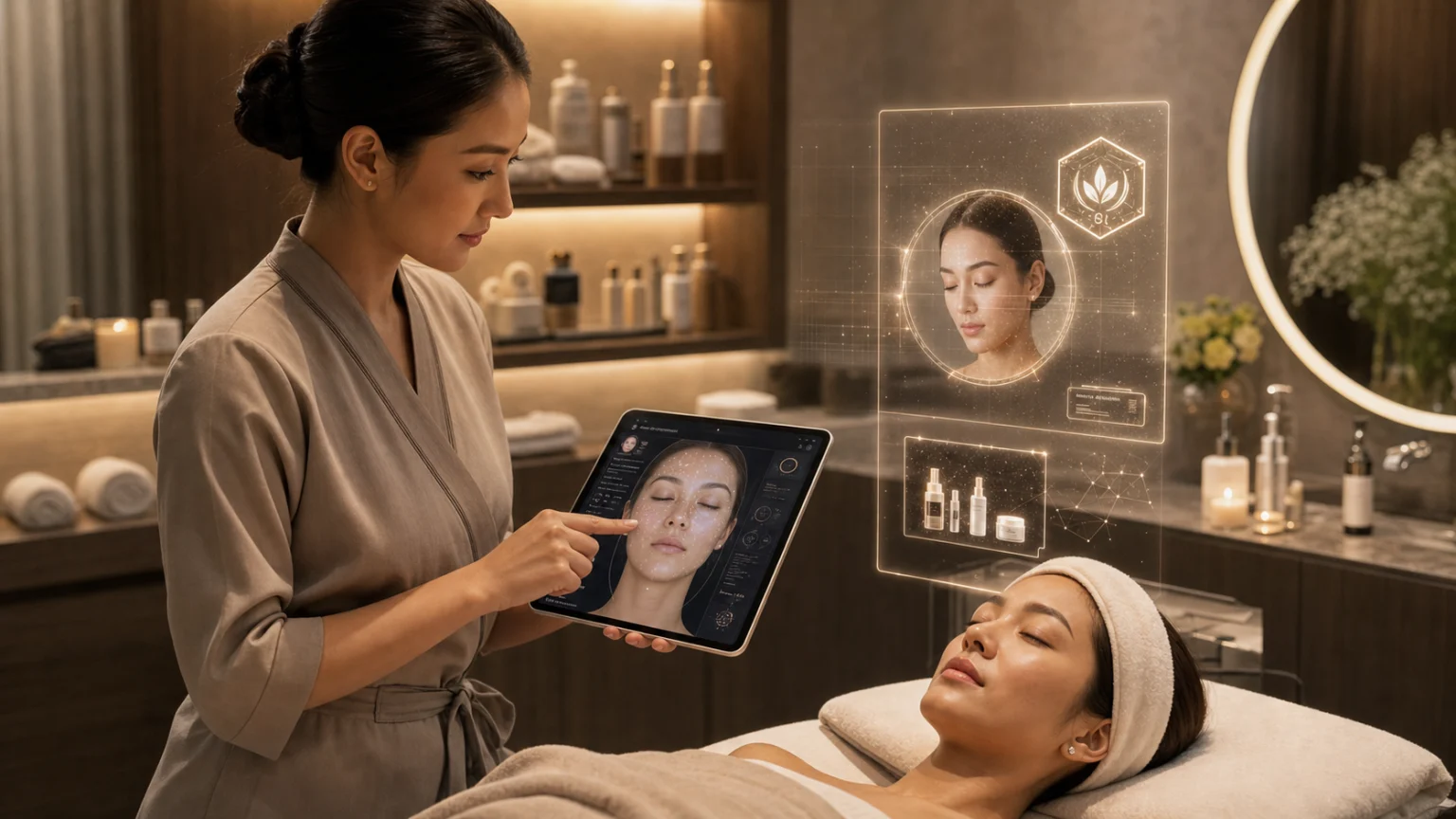 Luxury facial treatment room with AI skin analysis and digital beauty membership interface