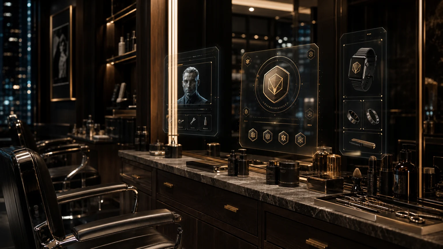 Luxury barbershop with digital identity cards, NFT membership interface and avatar grooming accessories