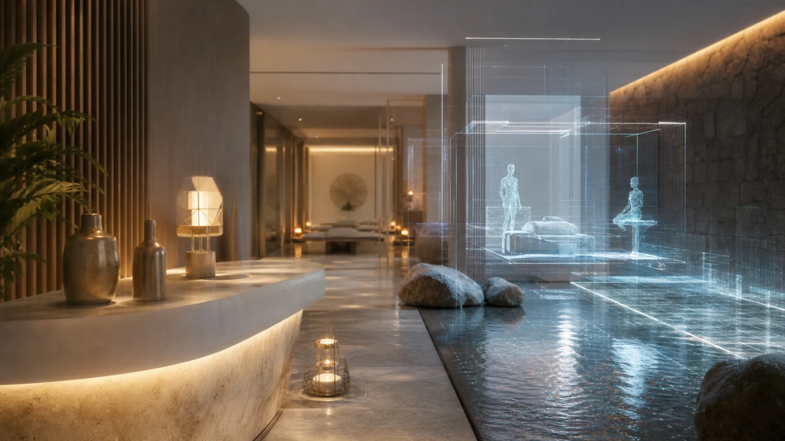 Luxury spa corridor with a calm metaverse digital twin interface over water and treatment rooms